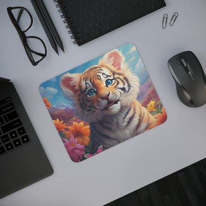 Tapis de Souris Tigre Mignon Bébé Tigre aux Yeux Bleus dans un Champ Fleuri