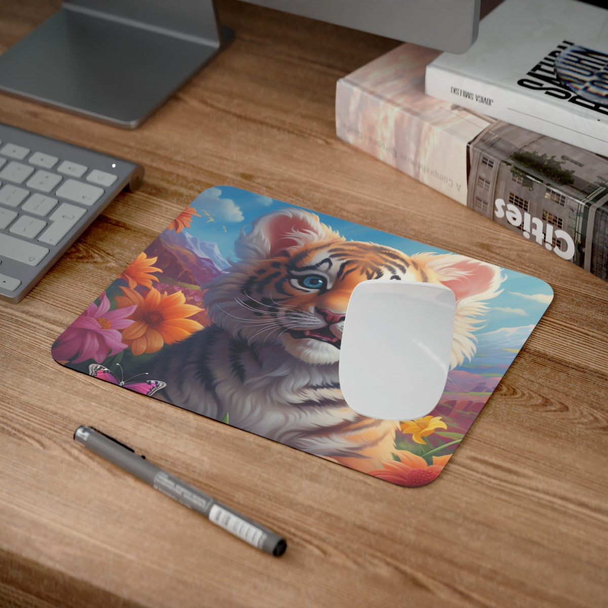 Tapis de Souris Tigre Mignon Bébé Tigre aux Yeux Bleus dans un Champ Fleuri