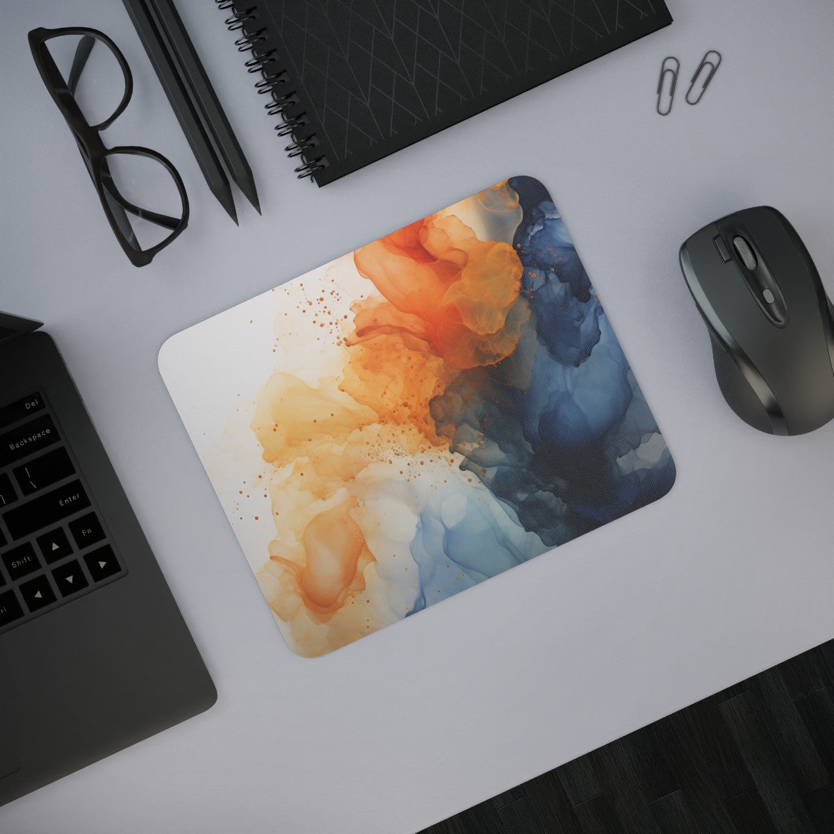 Tapis de Souris Abstrait Bleu et Orange Design Art Fluide Moderne Accessoire Bureau Gamer Élégant et Créatif