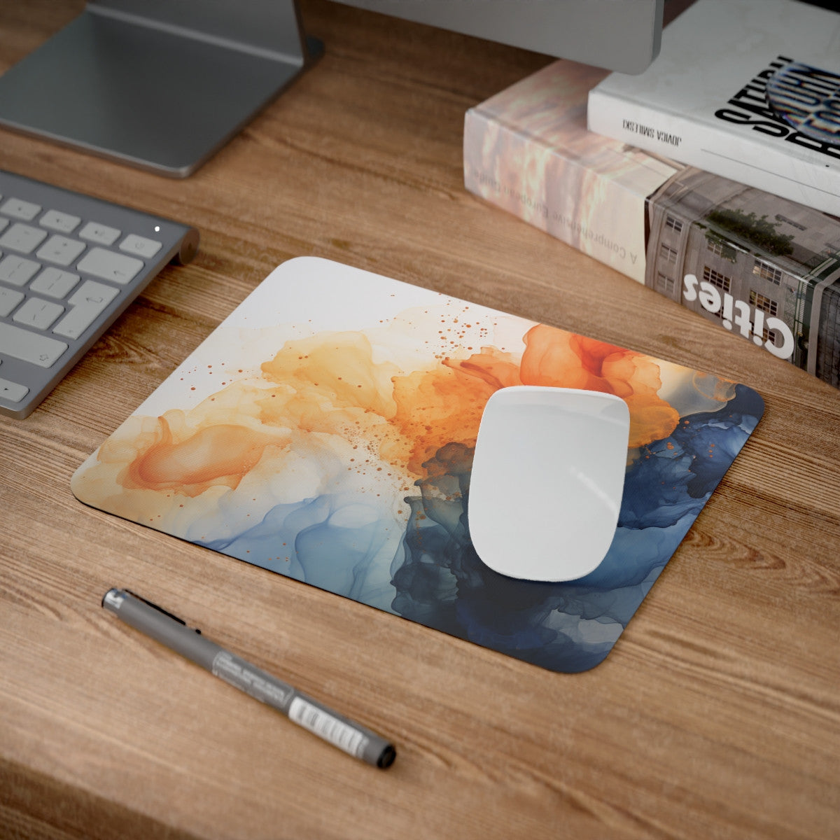 Tapis de Souris Abstrait Bleu et Orange Design Art Fluide Moderne Accessoire Bureau Gamer Élégant et Créatif