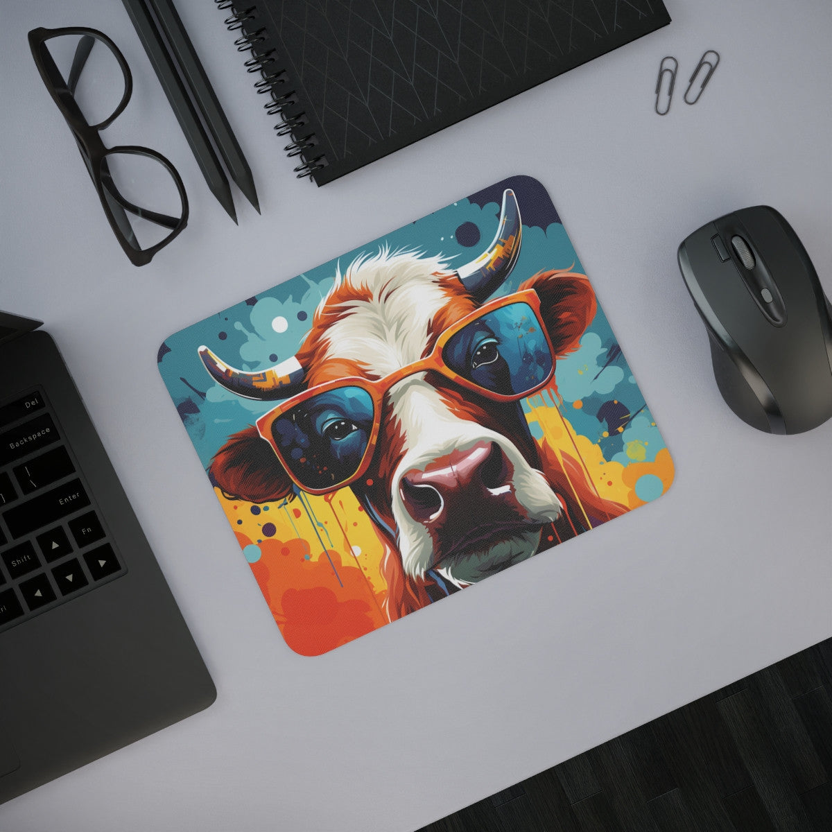Tapis de Souris Vache Funky avec Lunettes Illustration Colorée Pop Art Accessoire Bureau ou Gaming Fun et Original