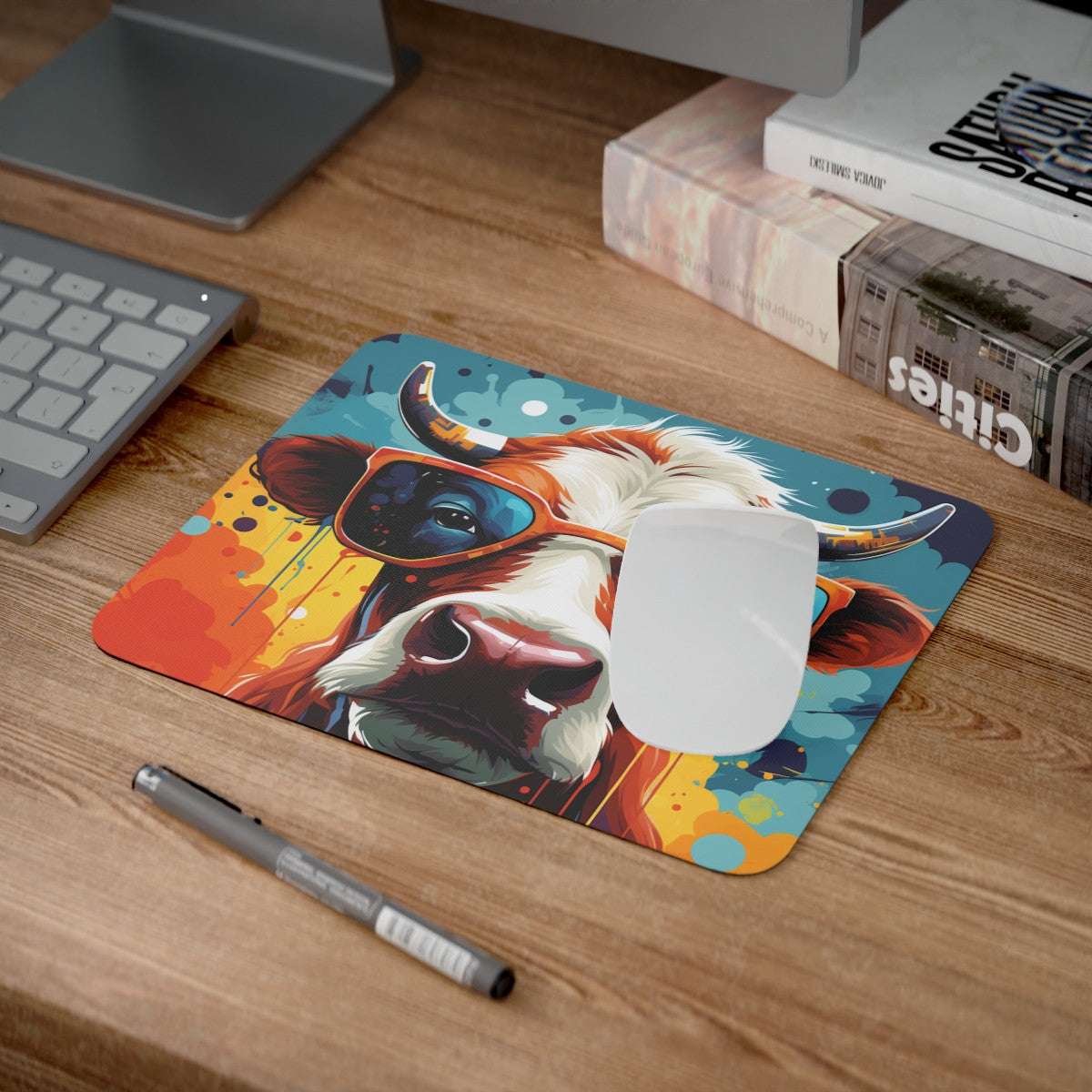 Tapis de Souris Vache Funky avec Lunettes Illustration Colorée Pop Art Accessoire Bureau ou Gaming Fun et Original
