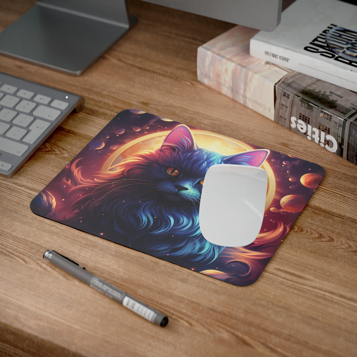 Tapis de Souris Chat Galactique – Illustration Féline Cosmique & Magique