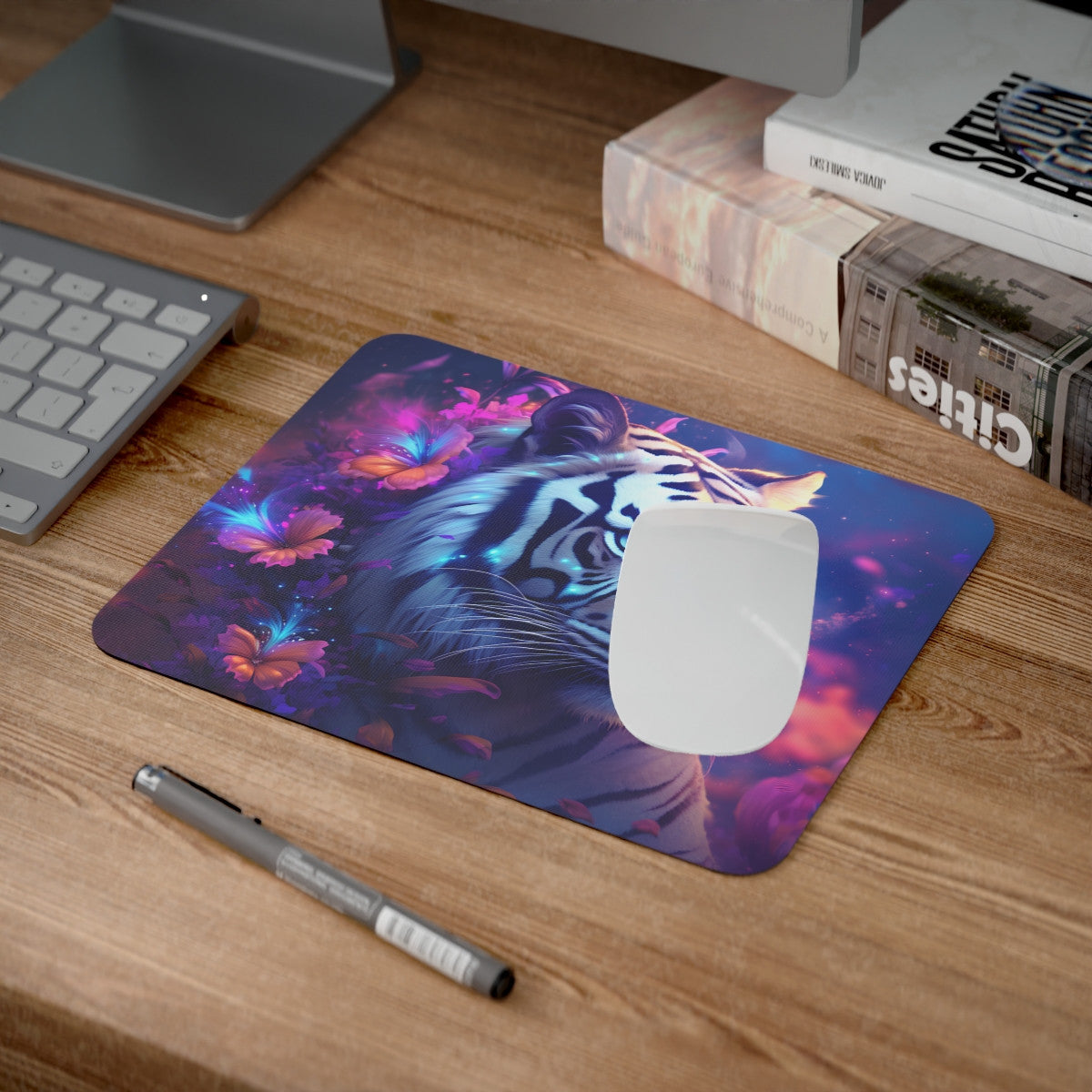 Tapis de Souris Tigre Blanc Féérique  Art Fantastique avec Papillons & Fleurs Magiques