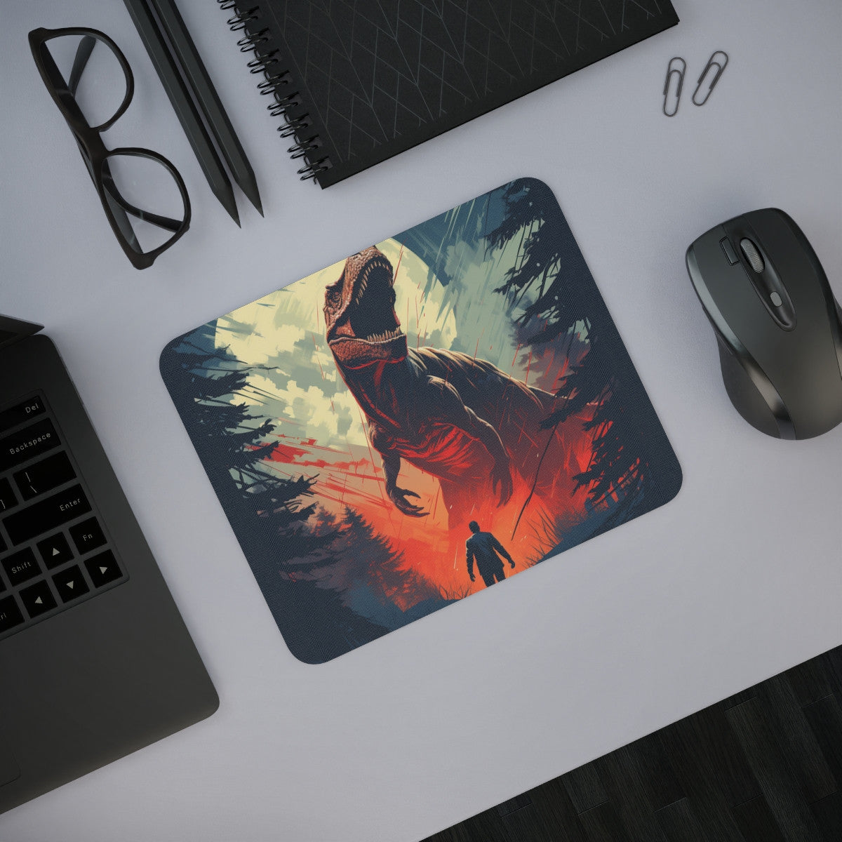 Tapis de Souris Dinosaure T-Rex Géant  Illustration Épique Face à un Homme