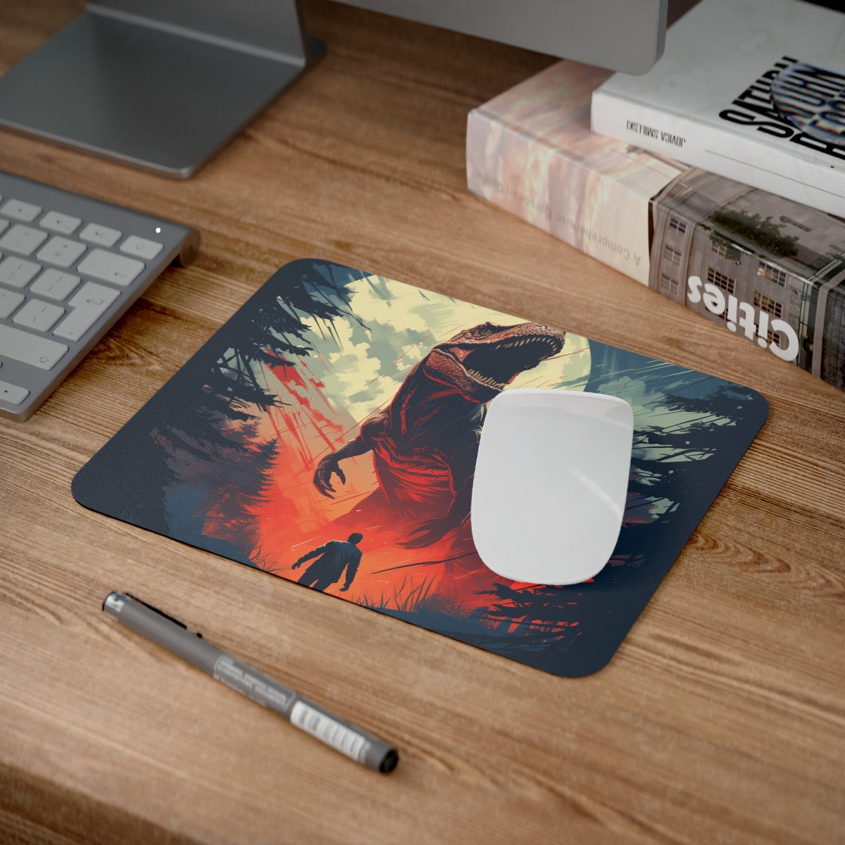Tapis de Souris Dinosaure T-Rex Géant  Illustration Épique Face à un Homme