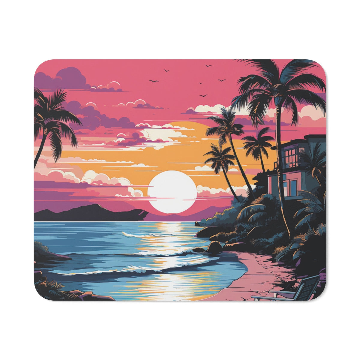 Tapis de Souris Coucher de Soleil Tropical – Paysage Plage Vintage avec Palmiers