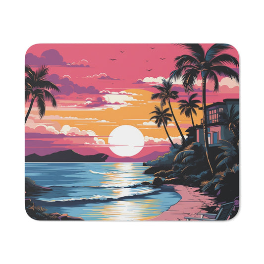 Tapis de Souris Coucher de Soleil Tropical – Paysage Plage Vintage avec Palmiers