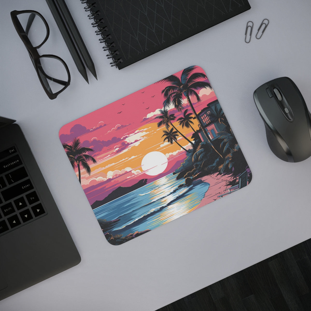 Tapis de Souris Coucher de Soleil Tropical – Paysage Plage Vintage avec Palmiers