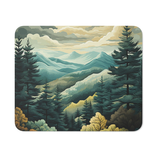 Tapis de Souris Paysage Montagne – Forêt Naturelle Stylisée – 22x18 cm