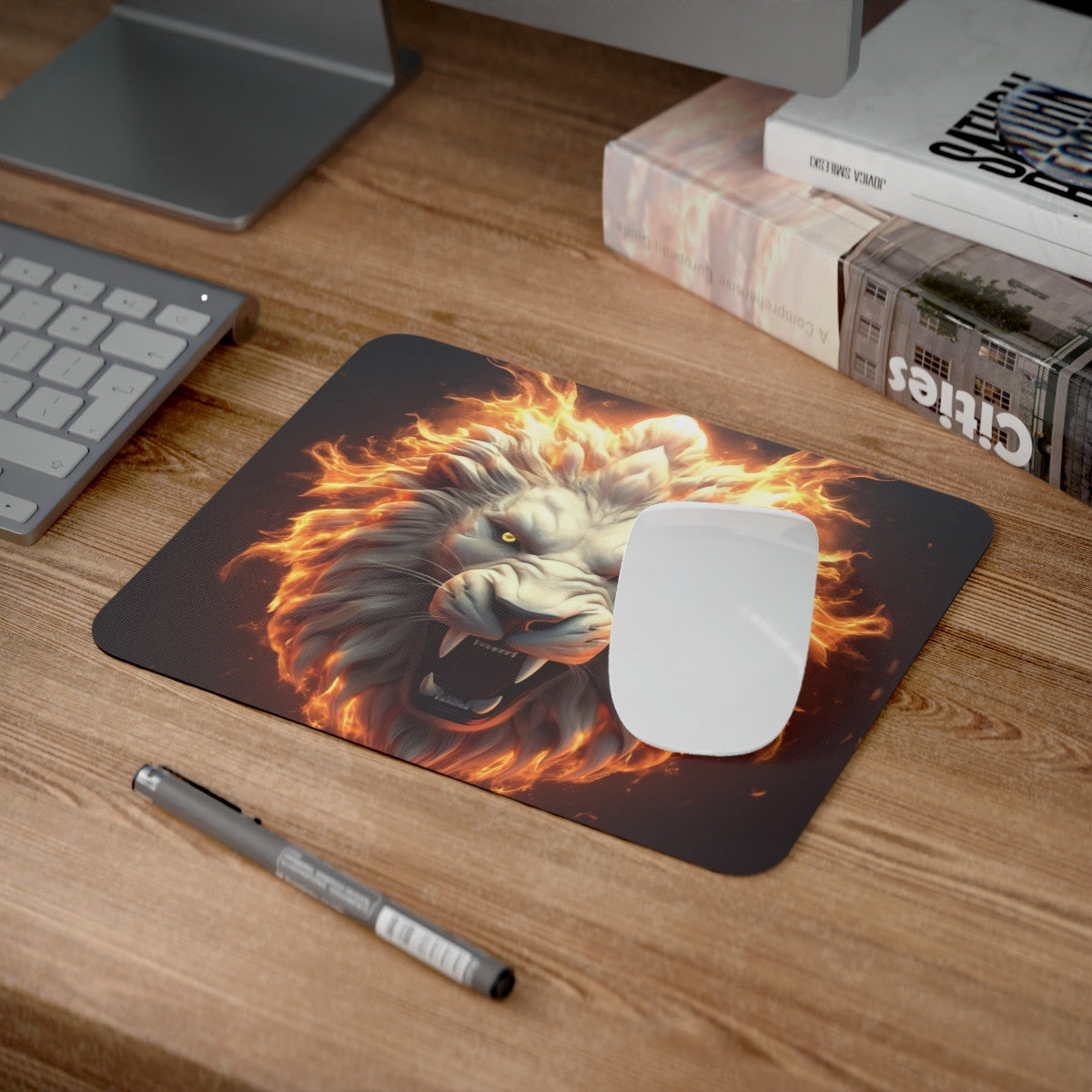 Tapis de Souris Lion en Feu – Illustration Puissante Flamboyante