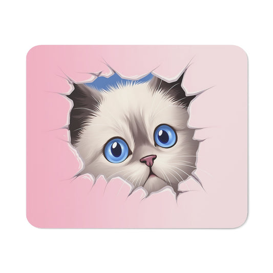 Tapis de Souris Chat Mignon 22x18 cm – Effet 3D Mur Déchiré Rose