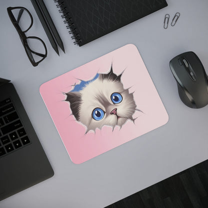 Tapis de Souris Chat Mignon 22x18 cm – Effet 3D Mur Déchiré Rose