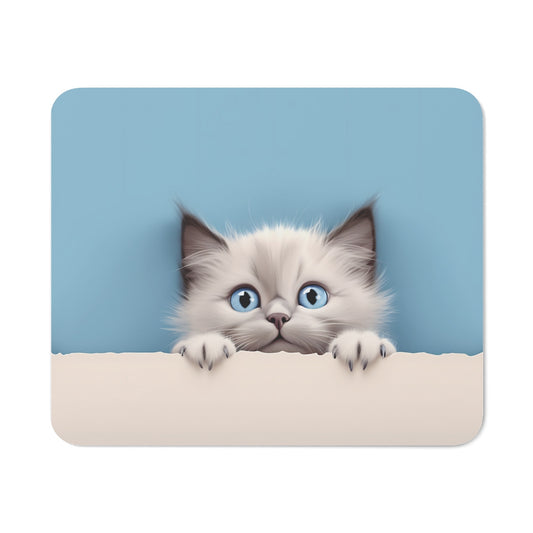 Tapis de Souris Chat Mignon 22x18 cm – Chaton Blanc aux Yeux Bleus sur Fond Bleu