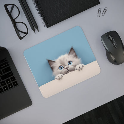 Tapis de Souris Chat Mignon 22x18 cm – Chaton Blanc aux Yeux Bleus sur Fond Bleu