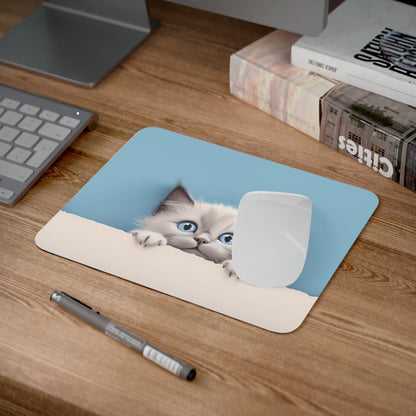 Tapis de Souris Chat Mignon 22x18 cm – Chaton Blanc aux Yeux Bleus sur Fond Bleu