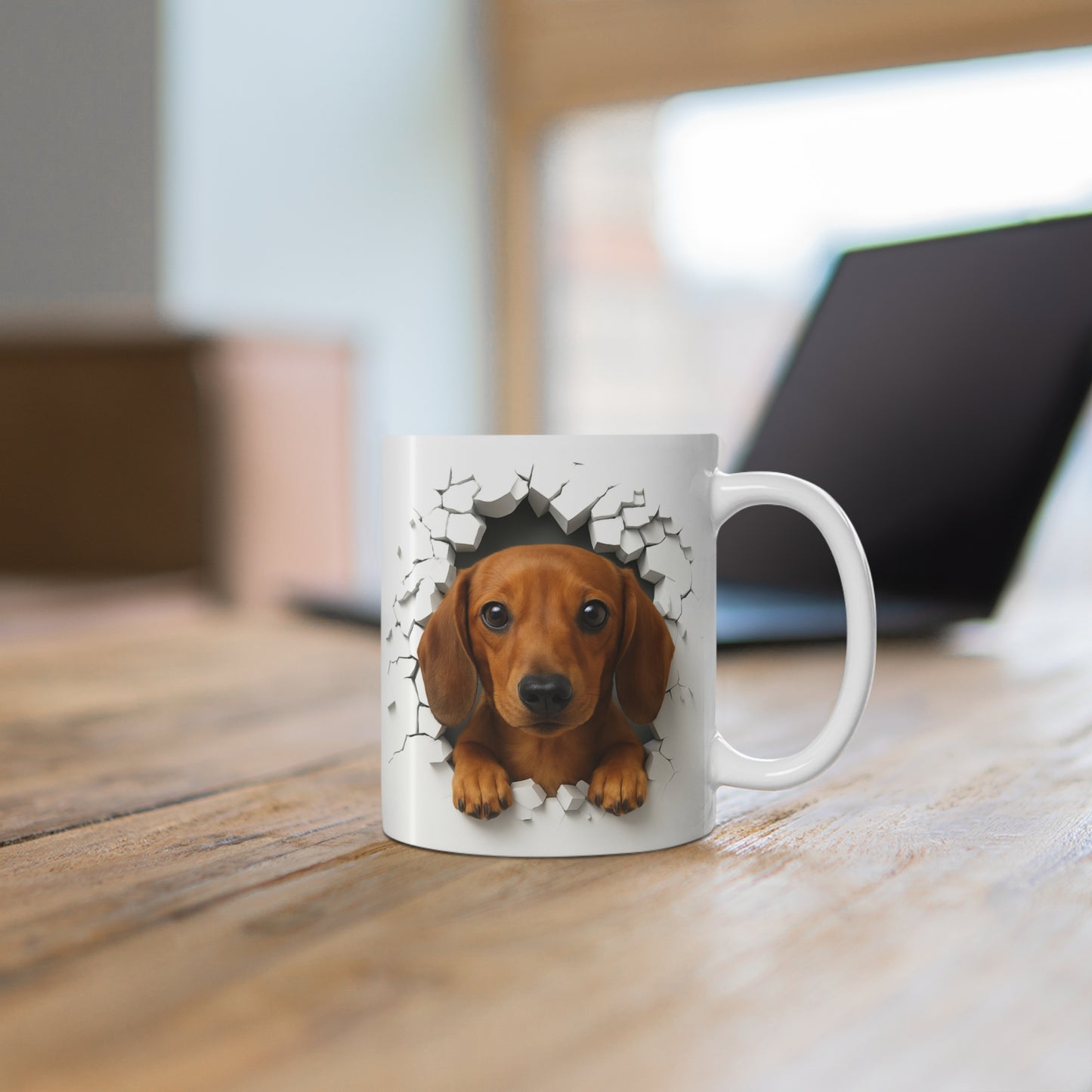 Mug Teckel Roux Effet Mur Cassé – Tasse Chien 3D Trompe-l’œil – Cadeau Original Amoureux du Teckel