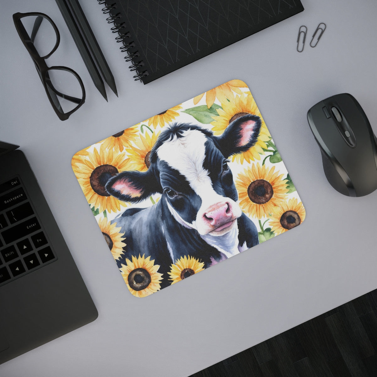 Tapis de souris 22x18 cm – Vache & Tournesols – Illustration Aquarelle Champêtre