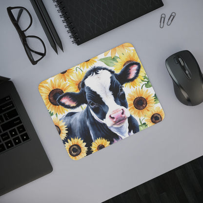 Tapis de souris 22x18 cm – Vache & Tournesols – Illustration Aquarelle Champêtre