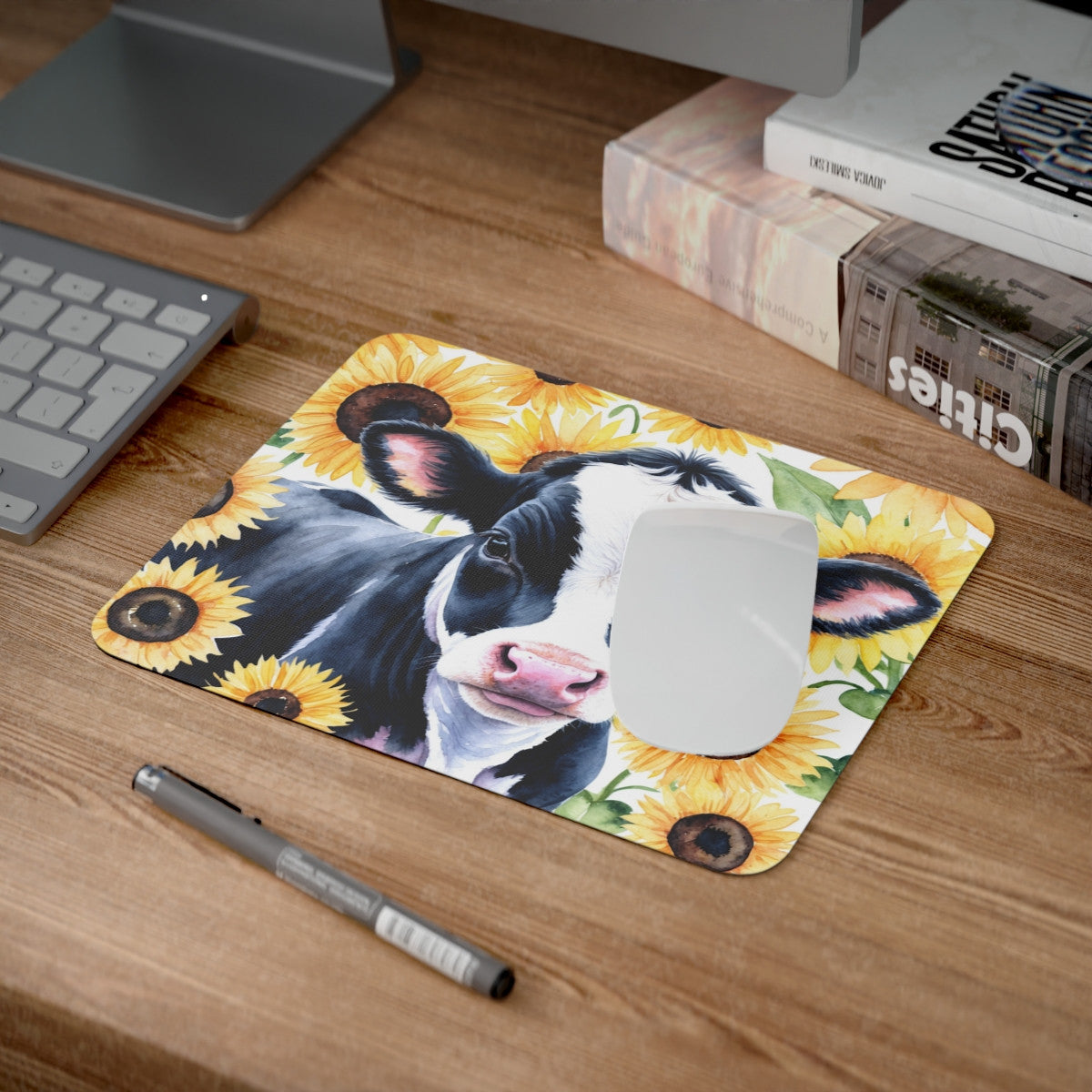Tapis de souris 22x18 cm – Vache & Tournesols – Illustration Aquarelle Champêtre