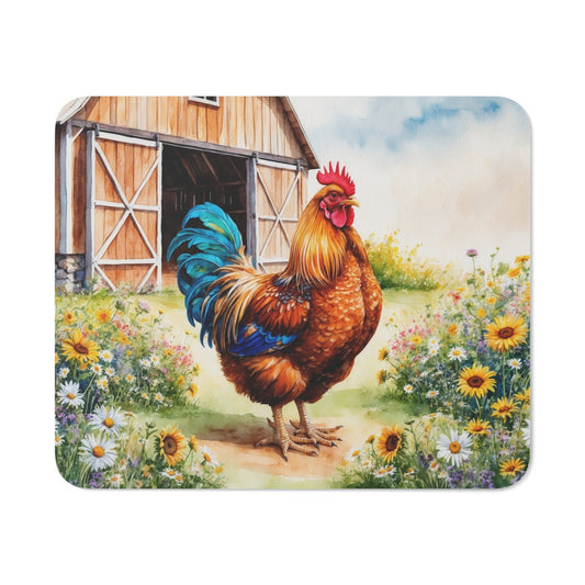 Tapis de souris 22x18 cm  Coq Devant Grange Fleurie  Illustration Aquarelle Champêtre