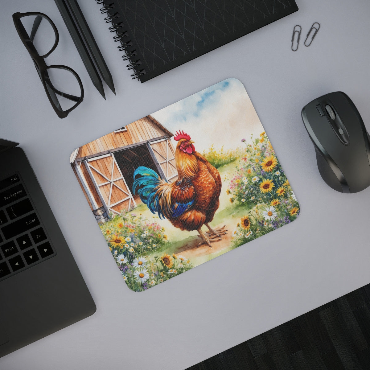Tapis de souris 22x18 cm  Coq Devant Grange Fleurie  Illustration Aquarelle Champêtre