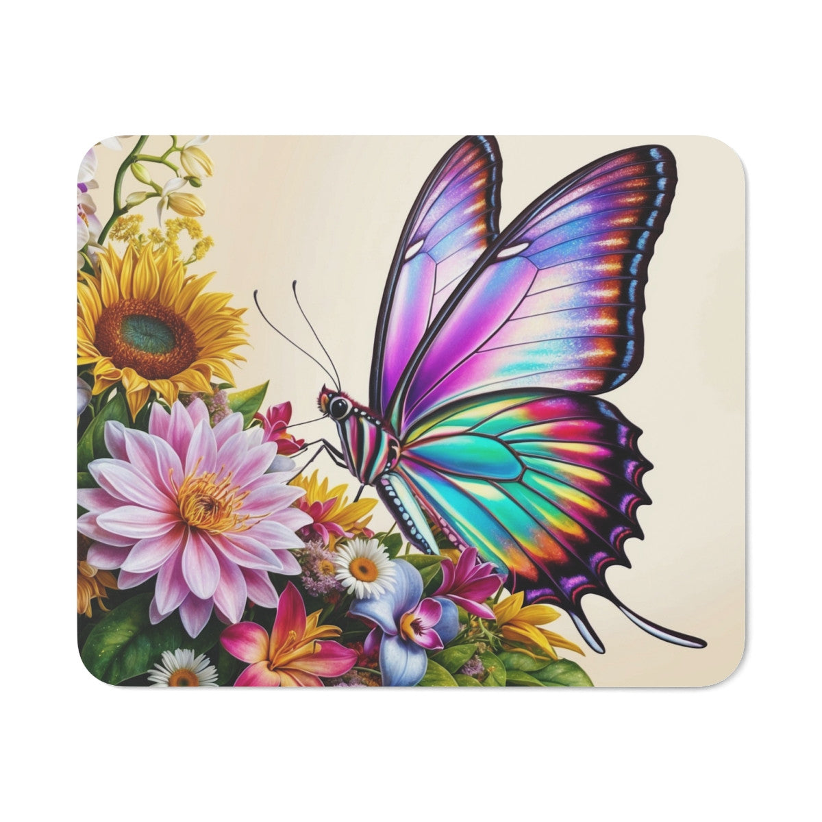 Tapis de souris 22x18 cm Papillon Arc-en-Ciel & Fleurs Illustration Florale Colorée Surface Lisse, Base Antidérapante