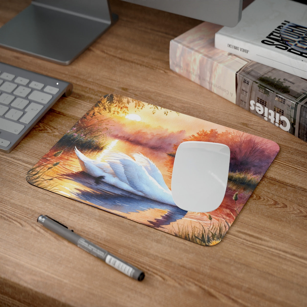Tapis de souris 22x18 cm – Cygne Blanc au Coucher de Soleil