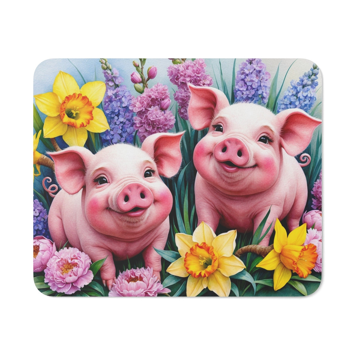 Tapis de souris 22x18 cm – Deux Cochons Roses & Fleurs Printanières