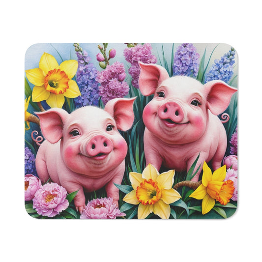 Tapis de souris 22x18 cm – Deux Cochons Roses & Fleurs Printanières