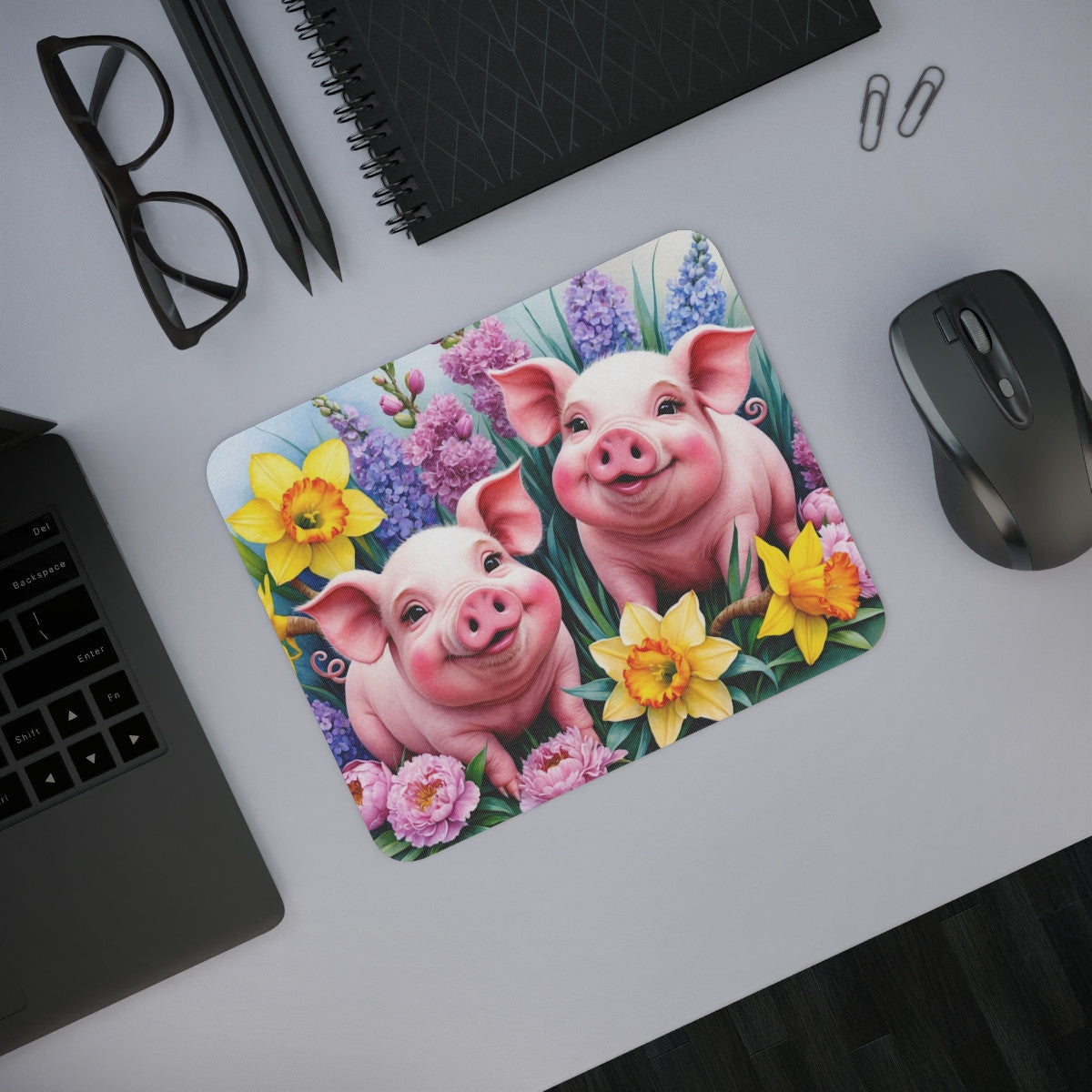 Tapis de souris 22x18 cm – Deux Cochons Roses & Fleurs Printanières