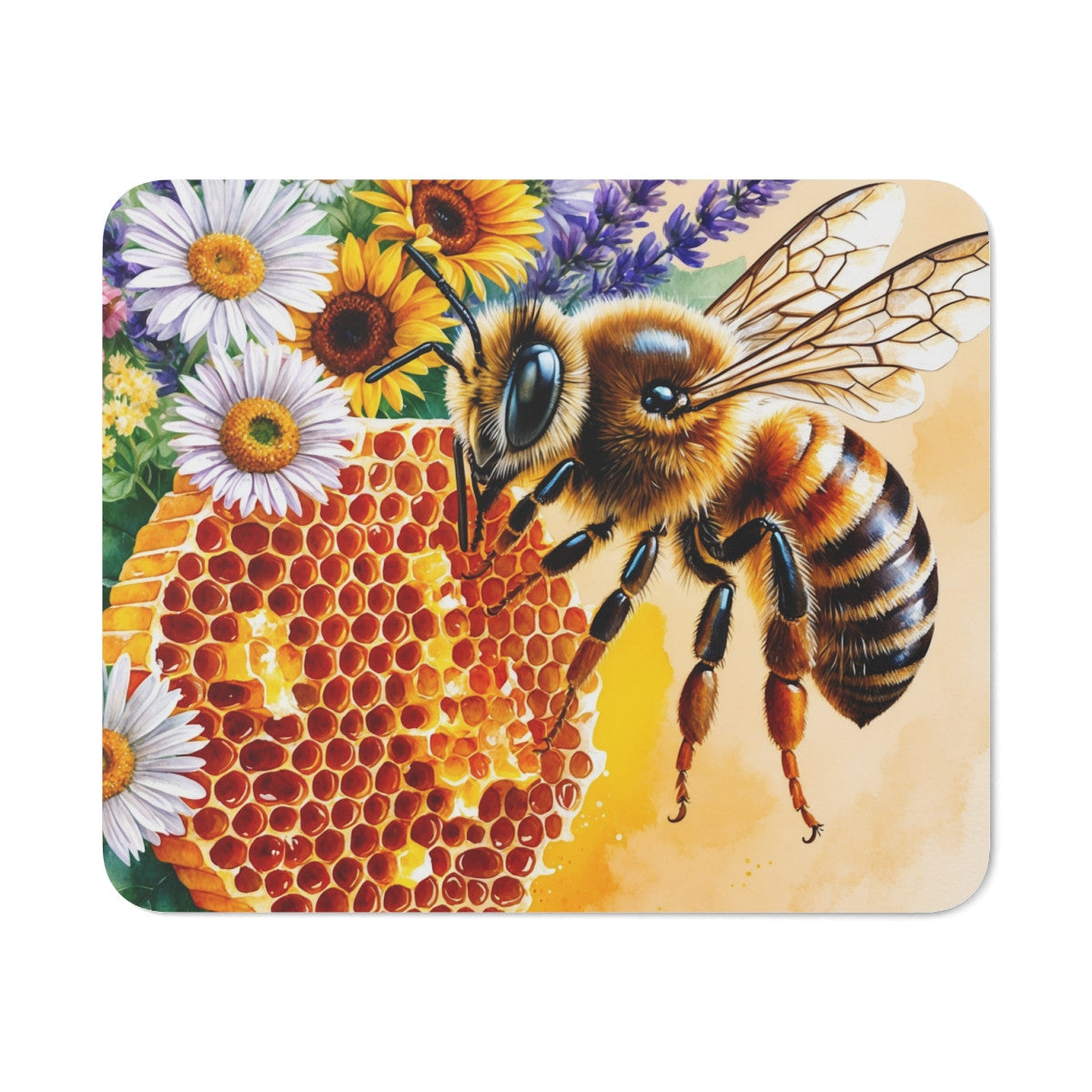 Tapis de souris 22x18 cm Abeille & Rayon de Miel avec Fleurs Illustration Aquarelle Éclatante Surface Lisse, Base Antidérapante