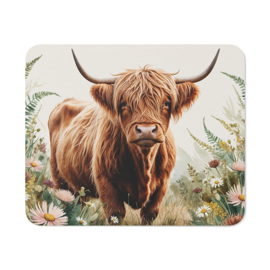 Tapis de souris 22x18 cm – Vache Highland dans Prairie Fleurie