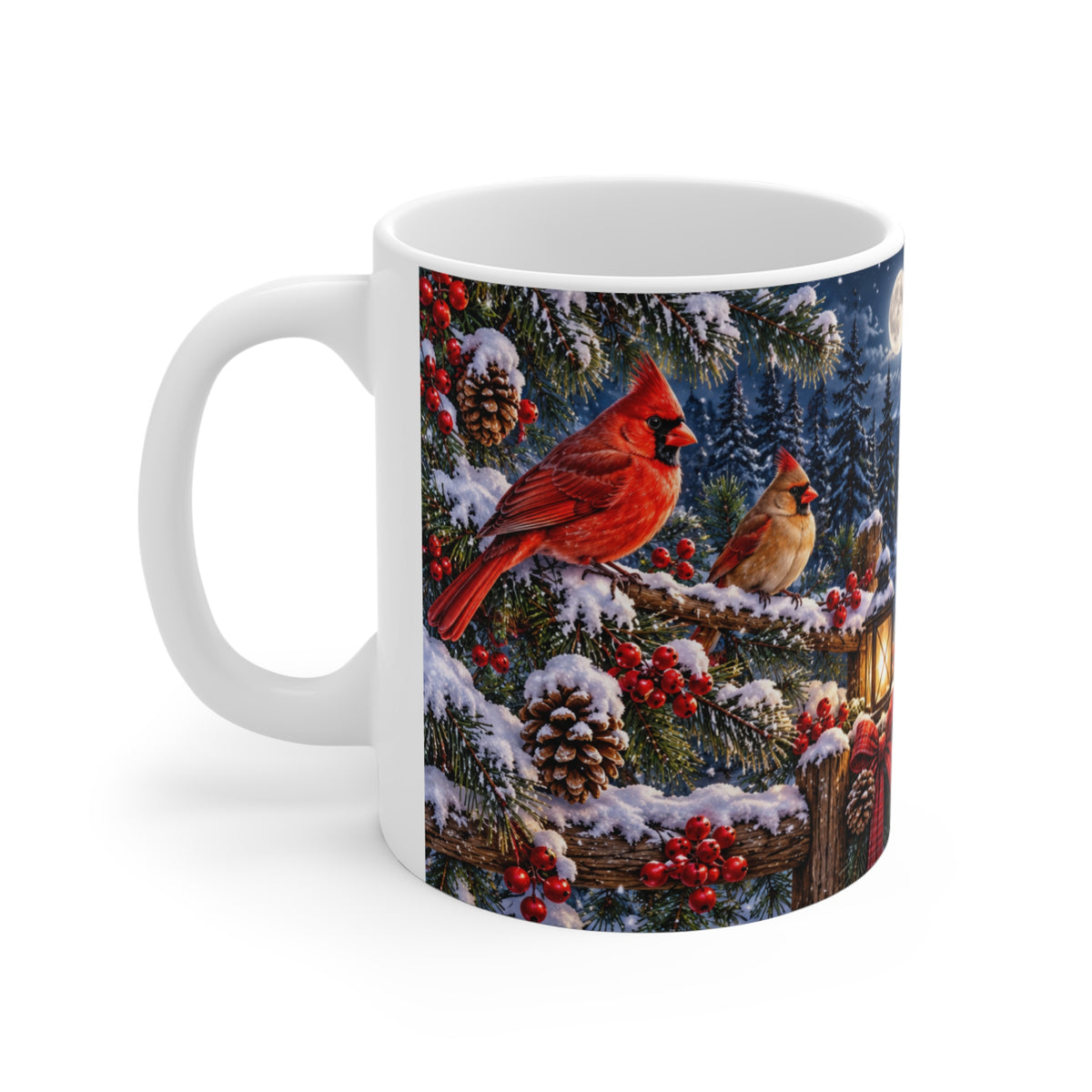 Mug Oiseaux Rouges dans un Paysage de Noël – Tasse Hiver avec Chalet, Neige, Lune et Lanternes – Cadeau Original Nature