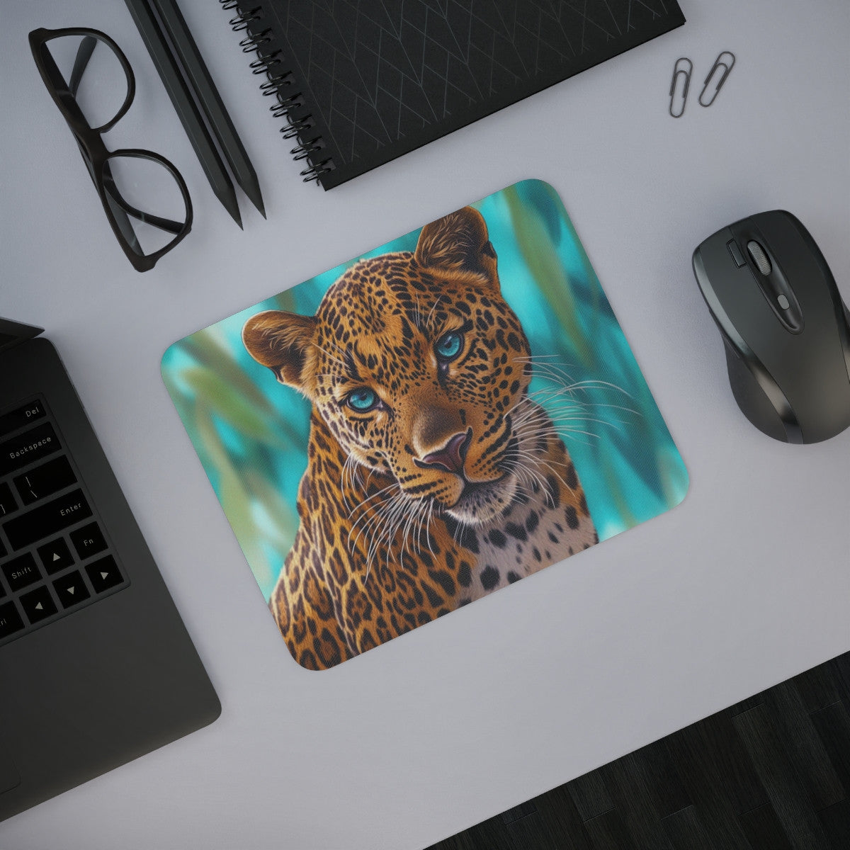 Tapis de souris 22x18 cm Léopard aux Yeux Turquoise  Design Animalier Réaliste