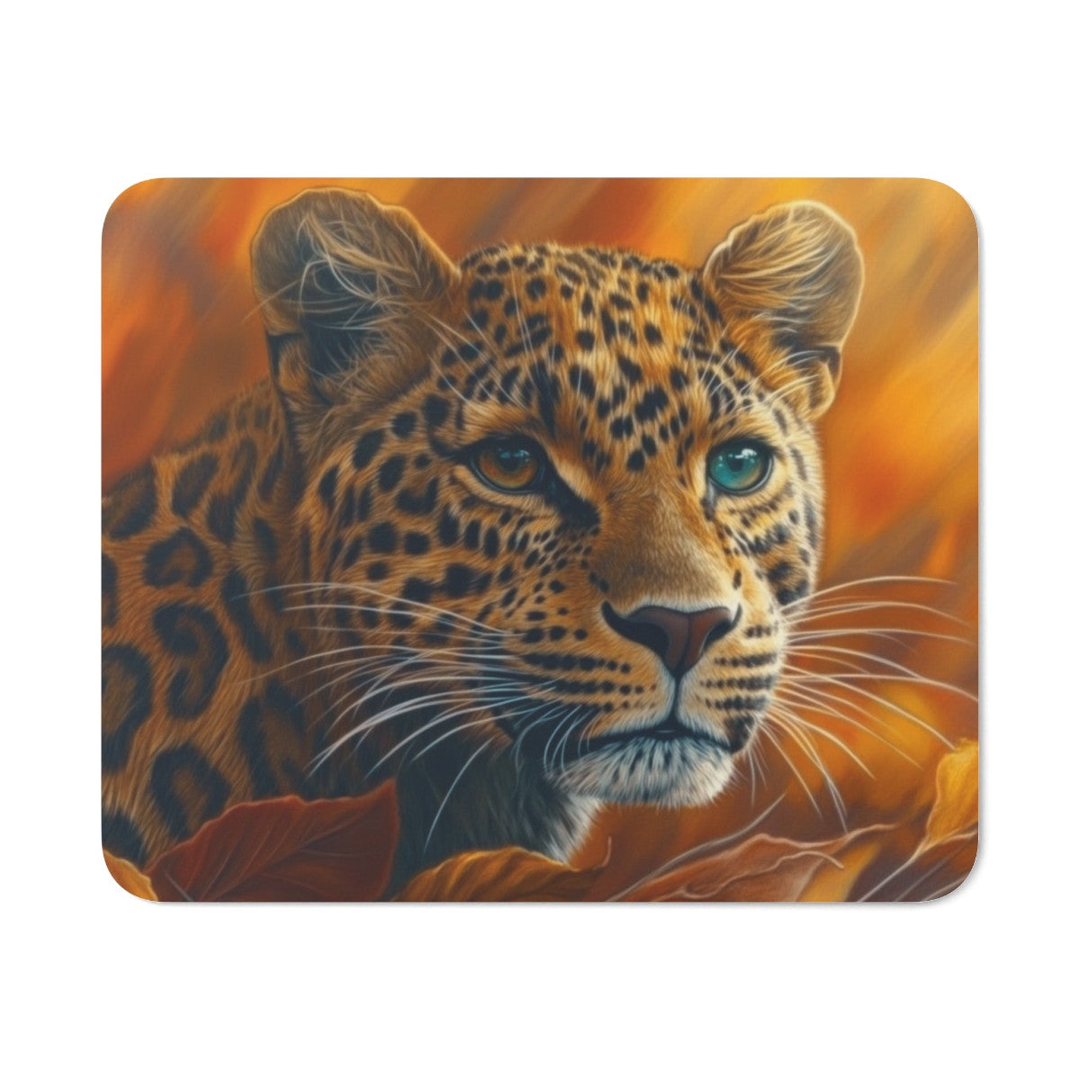 Tapis de souris 22x18 cm – Léopard Automnal Élégant – Illustration Artistique avec Feuilles