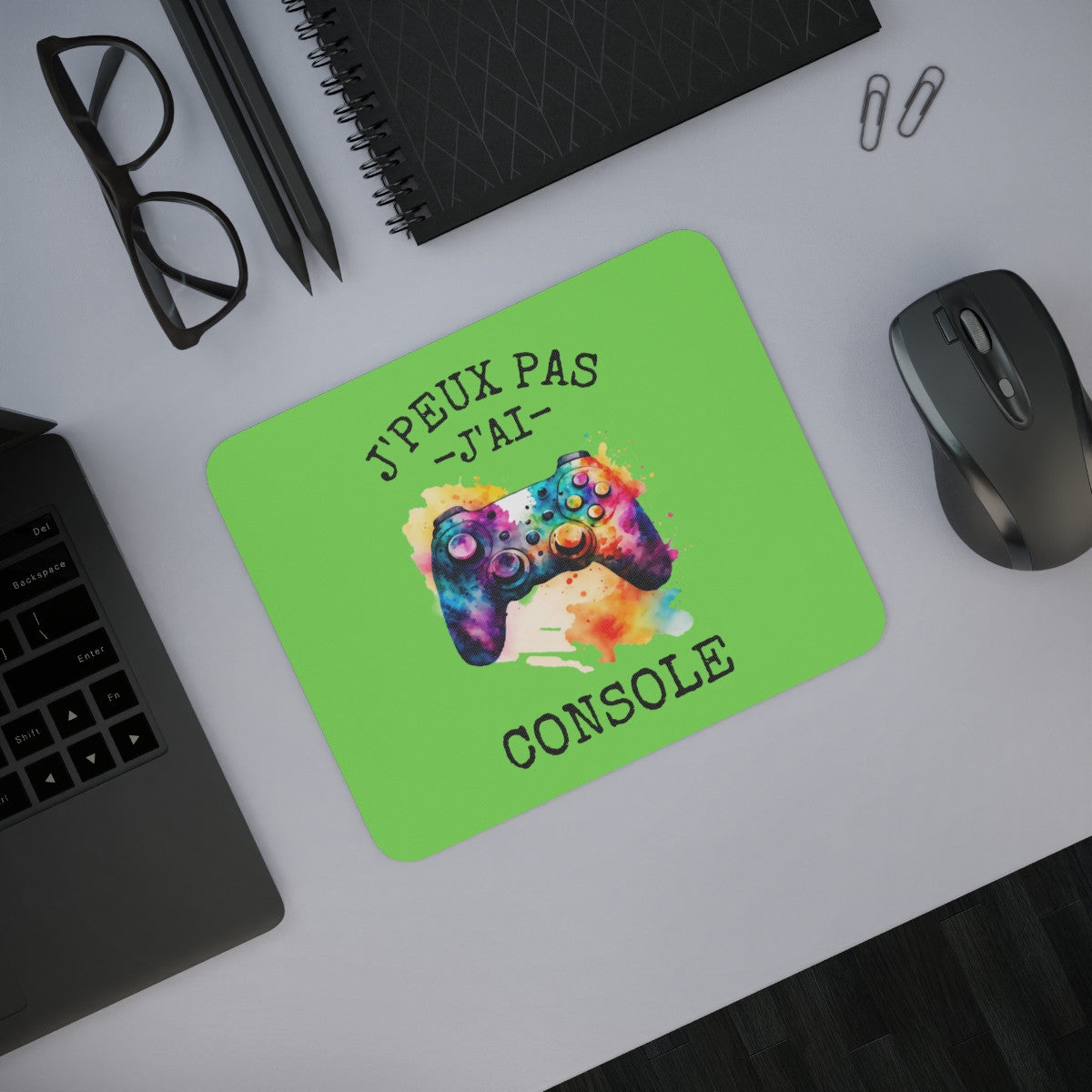 Tapis de souris 22x18 cm – Manette Aquarelle « J’Peux Pas J’ai Console » – Fond Vert