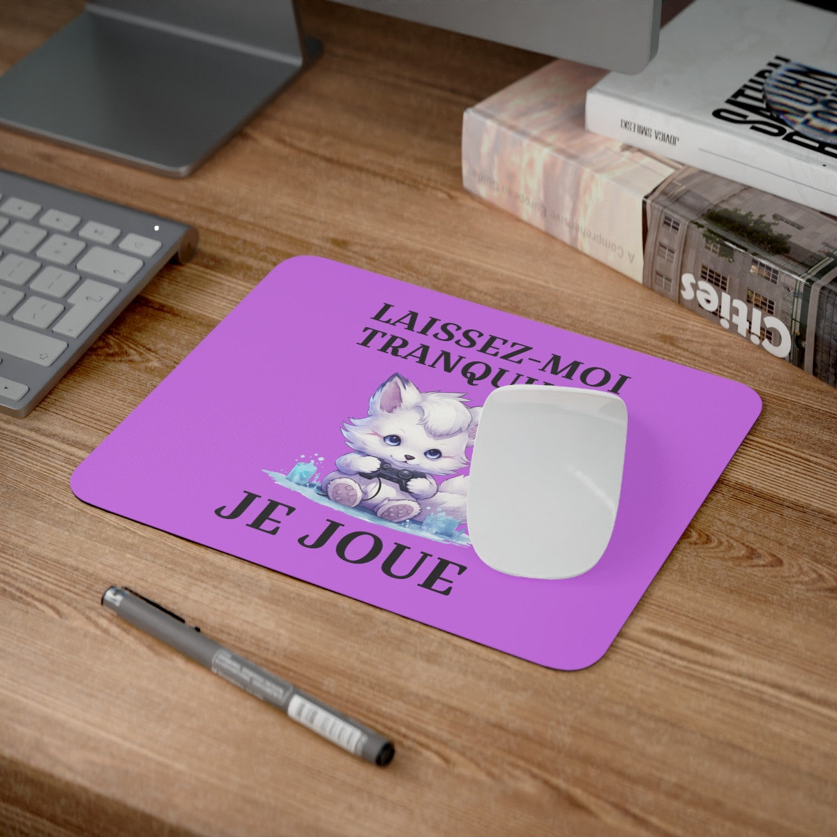 Tapis de souris 22x18 cm – Renard Blanc Gamer « Laissez-Moi Tranquille Je Joue » – Fond Violet