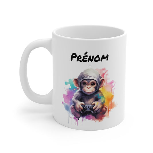 Mug Singe Gamer Personnalisable – Prénom en Haut – Design Coloré Geek et Fun