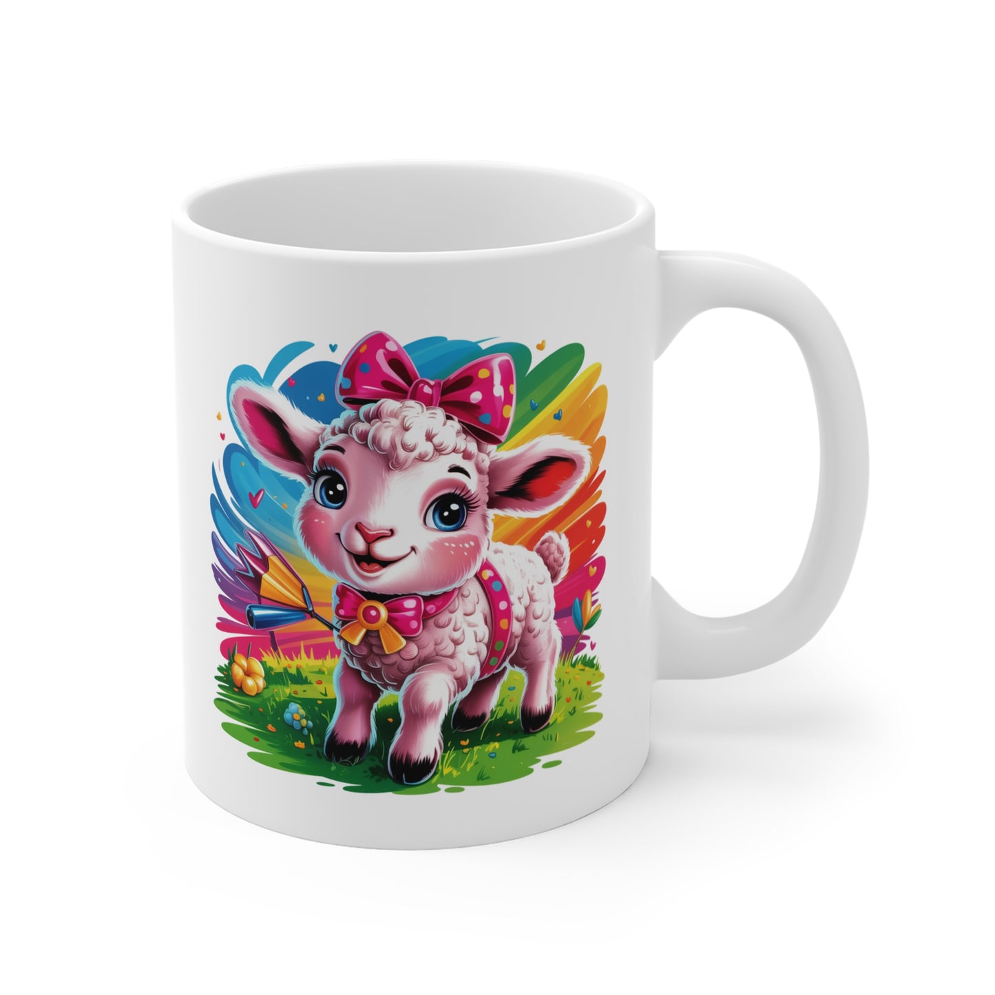 Mug Agneau Kawaii avec Nœud Rose – Tasse Mouton Cute Arc-en-Ciel – Design Animal Mignon et Féérique – Cadeau Original pour Enfants et Amoureux des Animaux Kawaii – Céramique 325ml