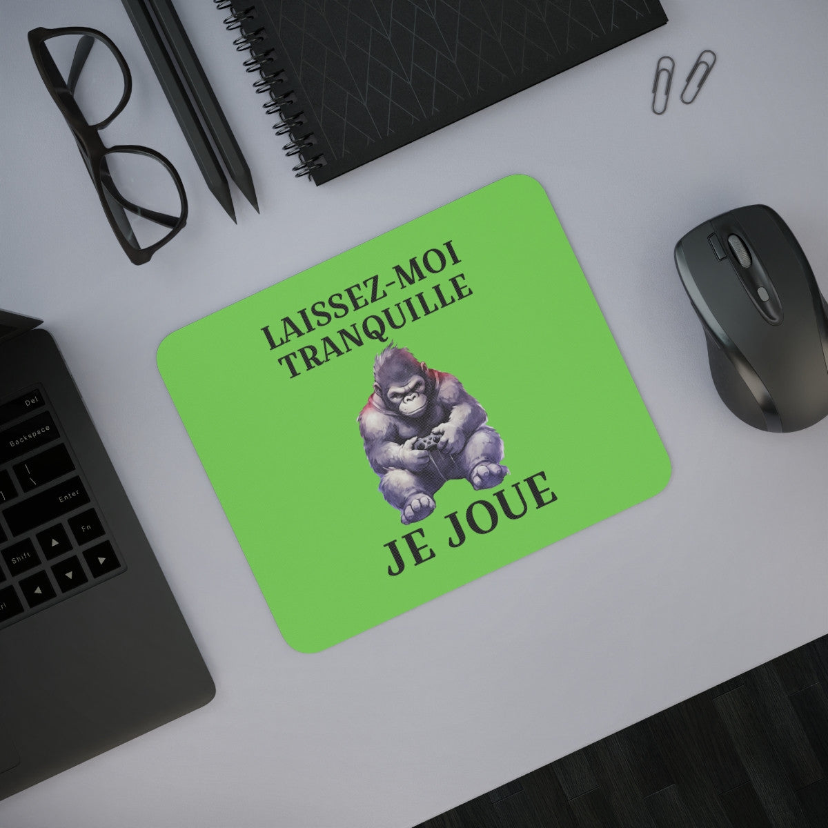 Tapis de souris 22x18 cm – Gorille Gamer « Laissez-Moi Tranquille Je Joue » – Fond Vert