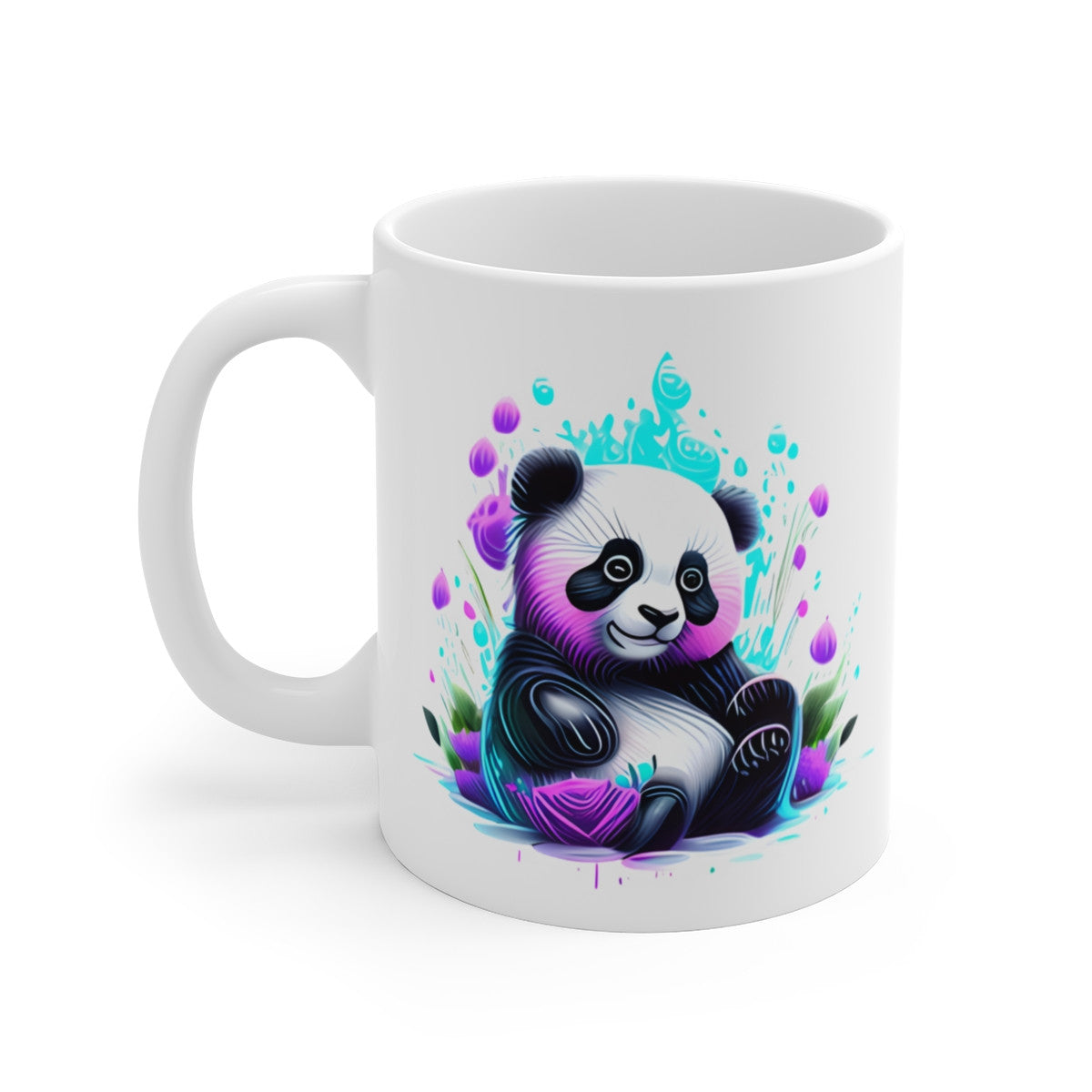 Mug Panda Kawaii Néon – Fleurs Stylisées – Cadeau Mignon et Coloré