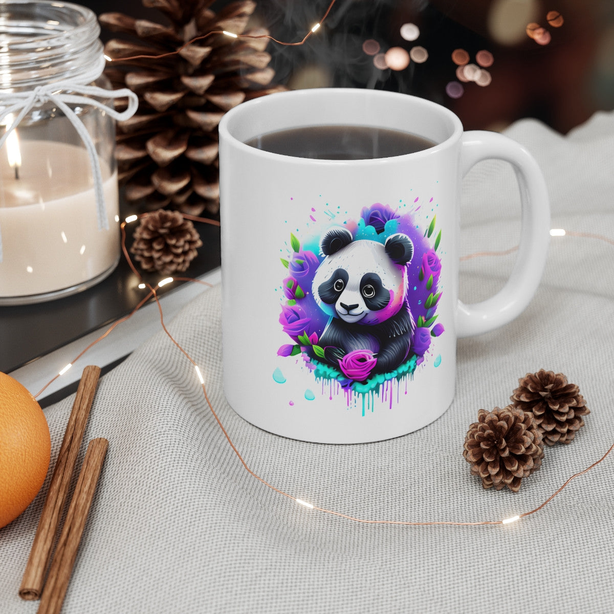 Mug Panda Romantique – Rose Rose & Fleurs Violet – Design Kawaii Doux
