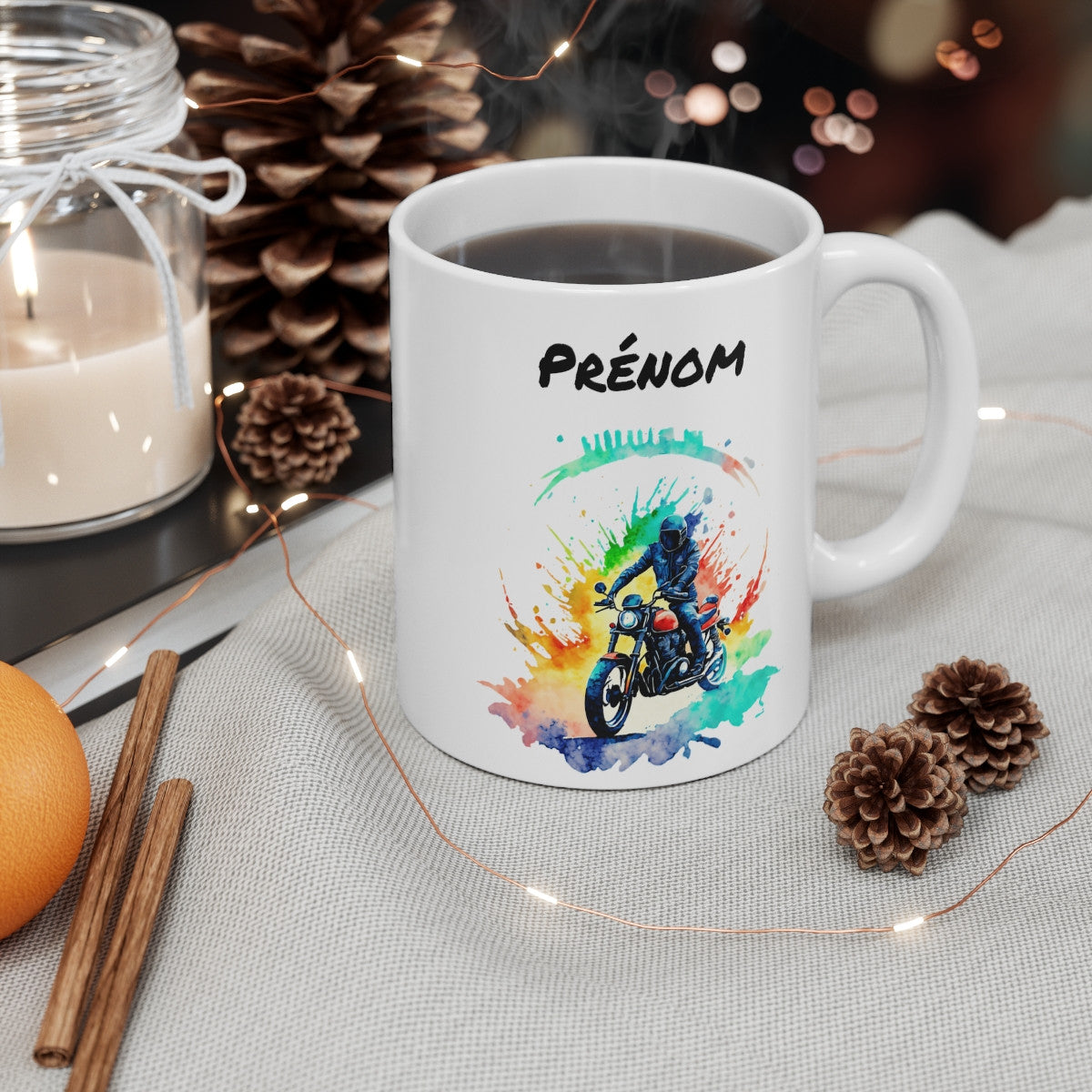 Mug Moto Route – Motard Roadster Aquarelle – Personnalisable avec Prénom