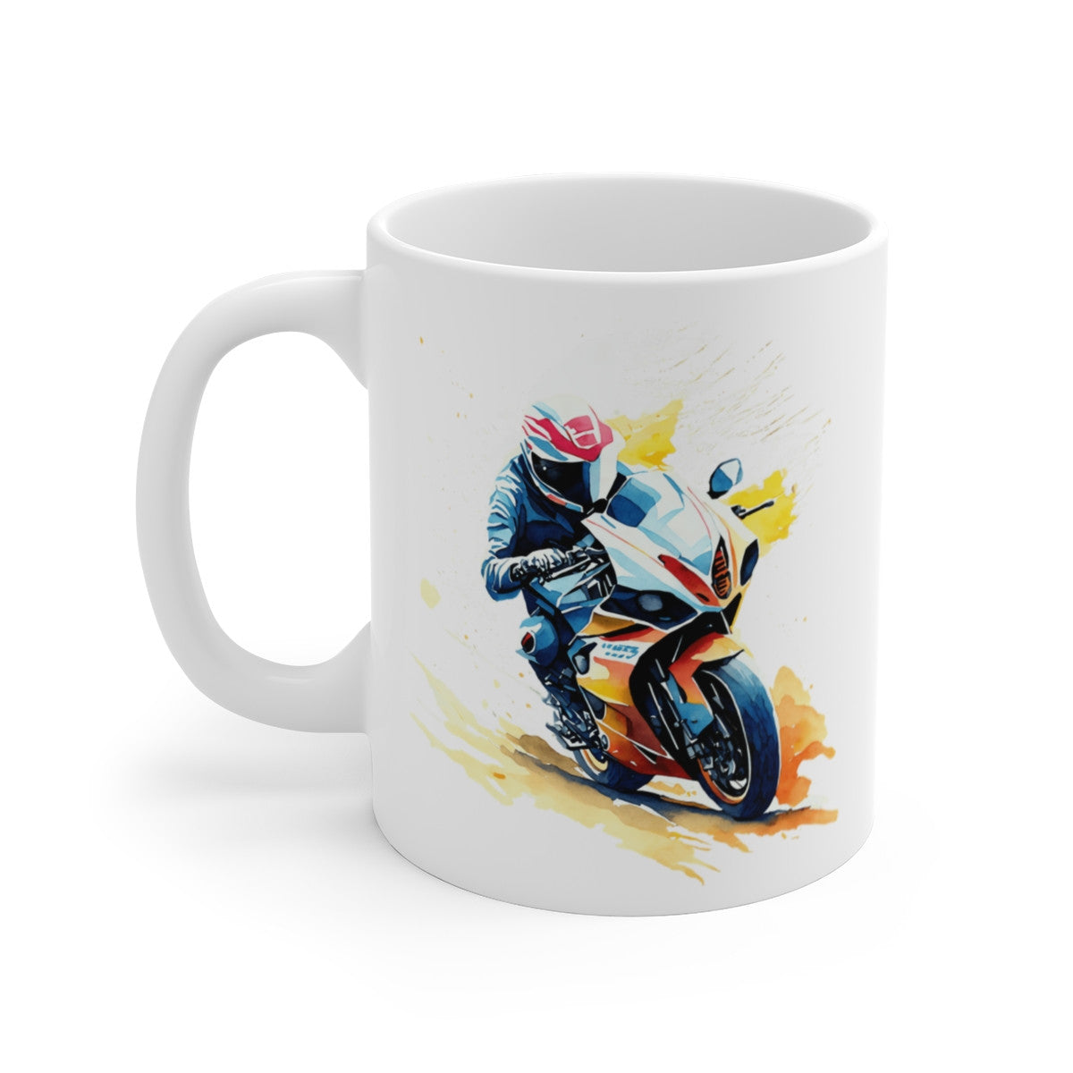 Mug Moto de Course – Pilote Sportif en Virage – Illustration Style Aquarelle Jaune & Rouge