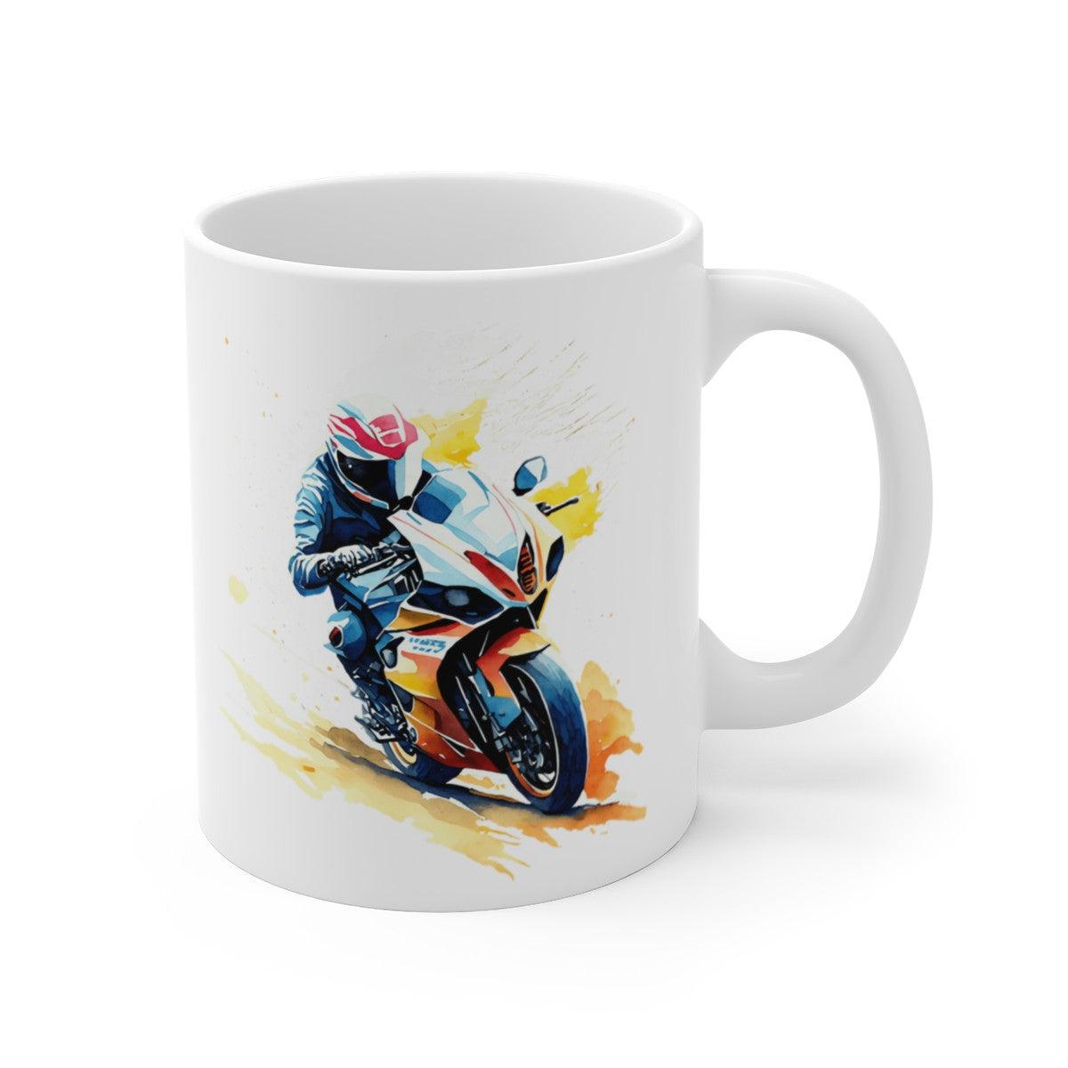 Mug Moto de Course – Pilote Sportif en Virage – Illustration Style Aquarelle Jaune & Rouge