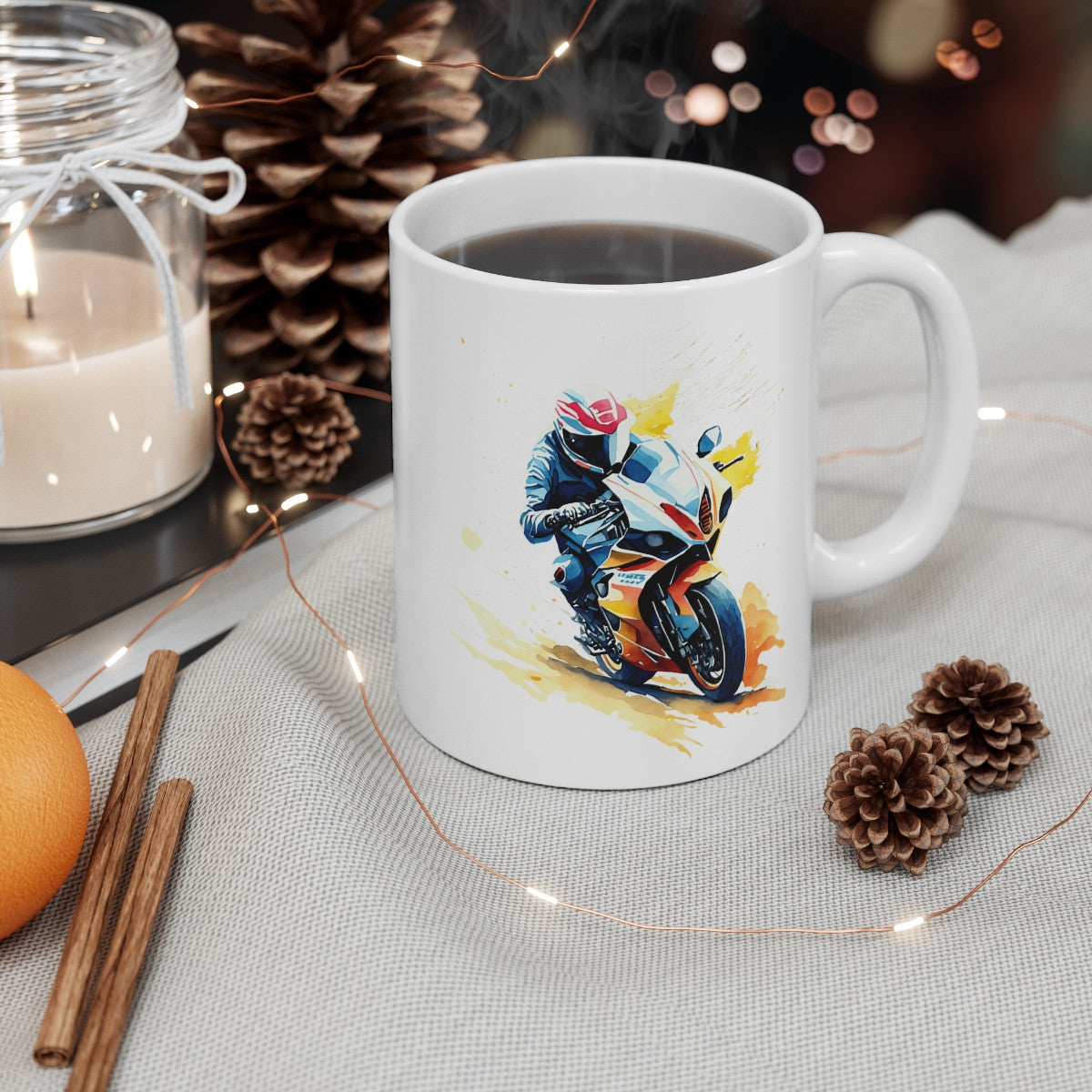 Mug Moto de Course – Pilote Sportif en Virage – Illustration Style Aquarelle Jaune & Rouge