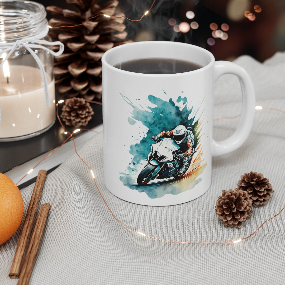 Mug Moto Racing – Motard en Plein Virage – Illustration Aquarelle Moderne
