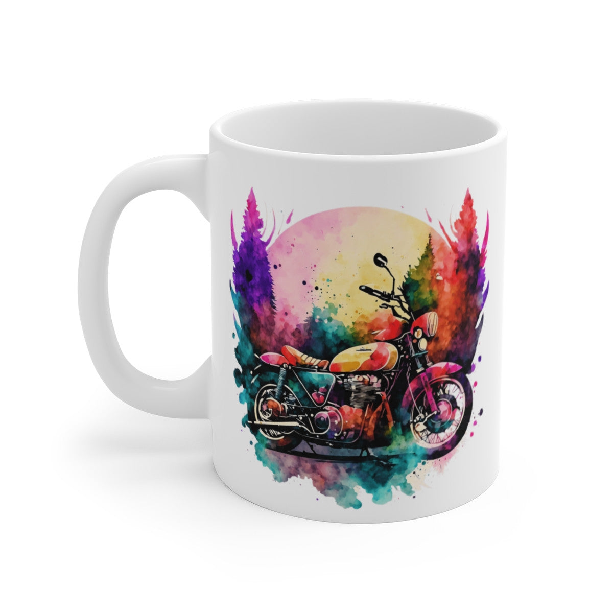 Mug Moto Vintage – Aquarelle Forêt et Coucher de Soleil – Style Rétro Coloré