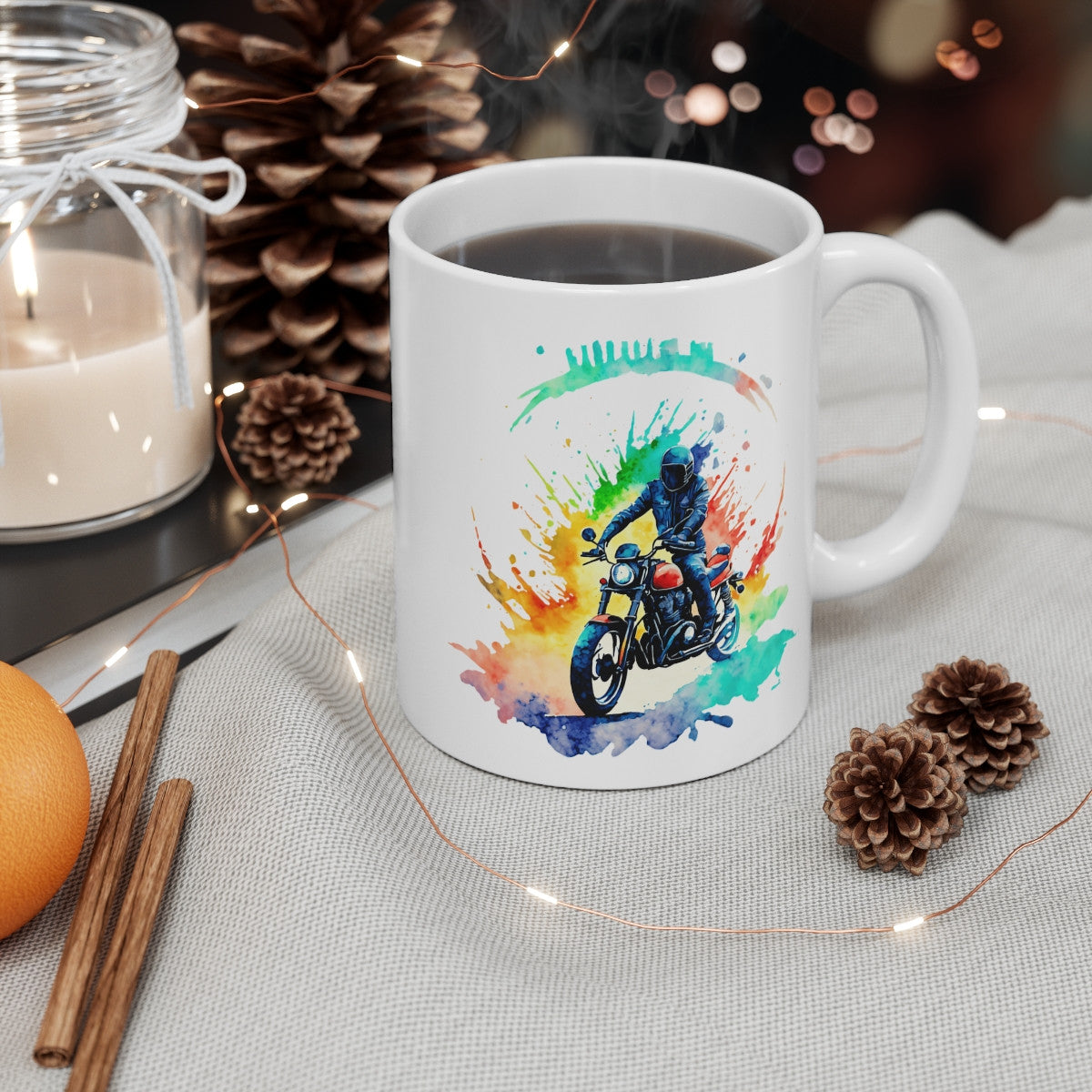 Mug Motard – Moto Café Racer Aquarelle Arc-en-ciel – Style Vintage & Couleurs Splash